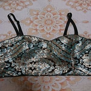 Forever 21 Crop Bustier Black Gold Sequins Shiny